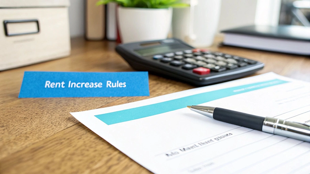 Desk with 'Rent Increase Rules' sign, calculator, pen, and document, suggesting financial planning.