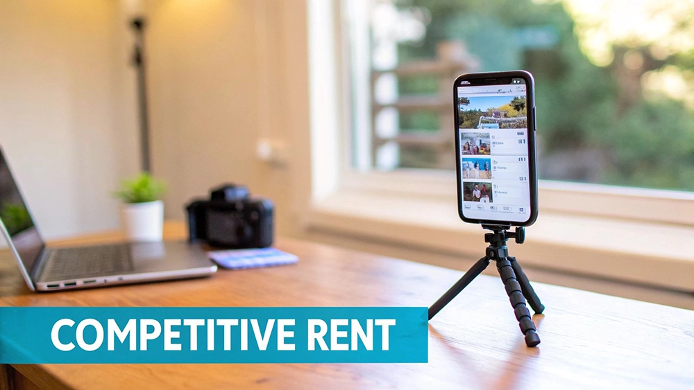 A modern workspace with a laptop, camera, and a smartphone on a tripod displaying home listings, next to a 'Competitive Rent' banner.