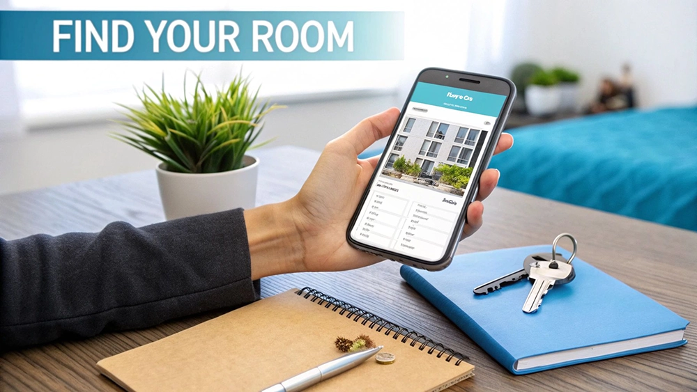 Person holding smartphone displaying room rental app with keys and notebook on desk