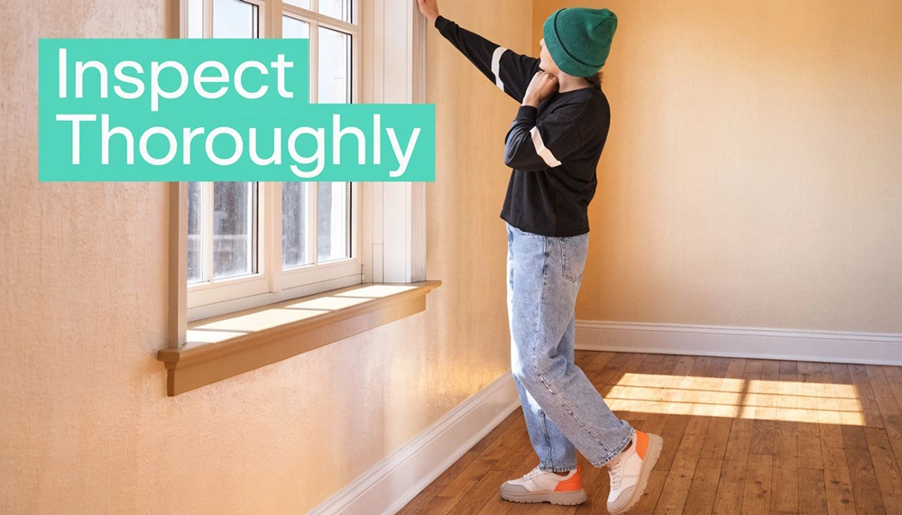 A person in a beanie inspecting a window in an unfurnished room with wooden floors.