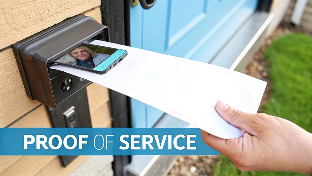 A hand places a letter with a smartphone showing a person's photo into a wall-mounted mailbox.