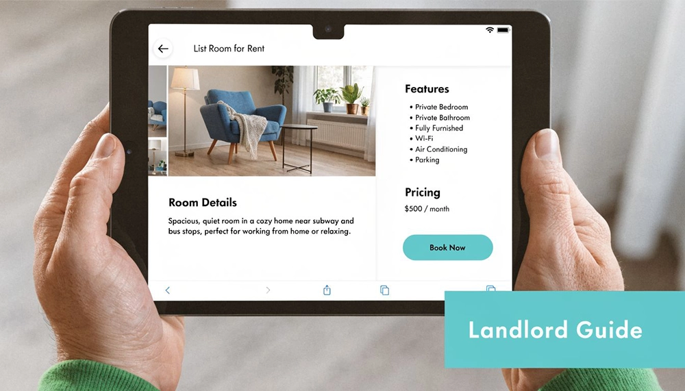 A person holding a digital tablet displaying a room rental listing with features and pricing details.
