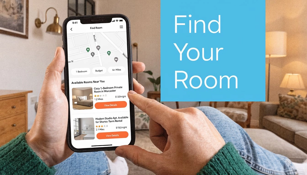 A person using a room rental app on a smartphone to find housing in Worcester.