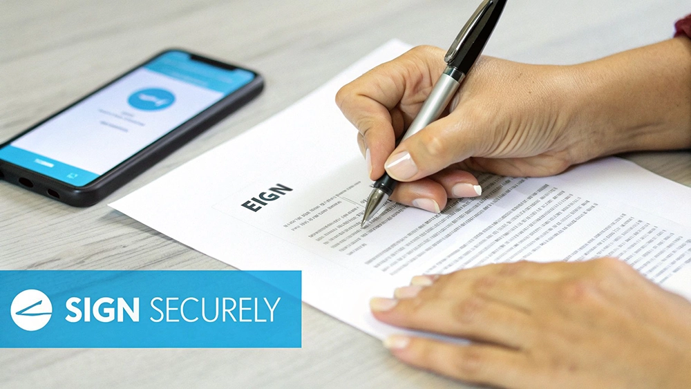 Hands signing a document with a pen, a smartphone displaying an app, and a 'SIGN SECURELY' banner.