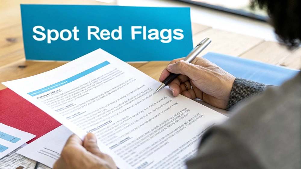 Person reviewing documents with a pen, with a 'Spot Red Flags' sign prominently displayed.