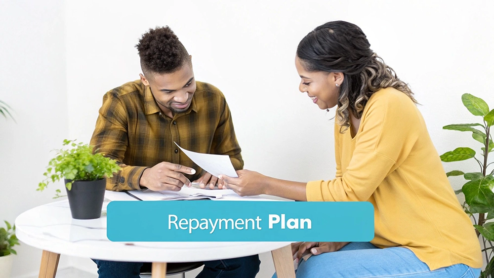 Two smiling people, a man and a woman, reviewing a repayment plan on paper at a white table.
