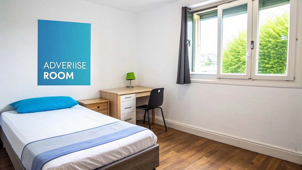 A bright and minimalist bedroom featuring a single bed with a blue pillow, a wooden desk, and a window.