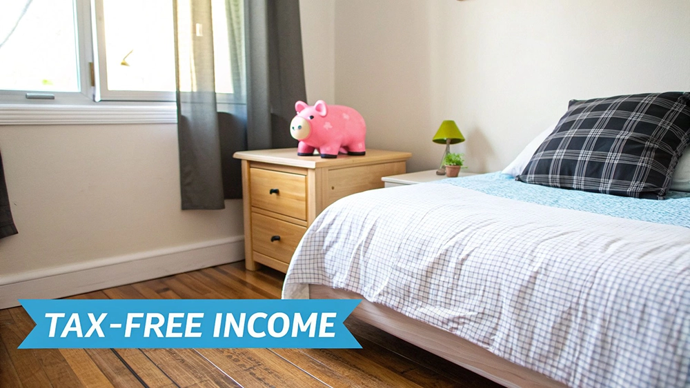 A cozy bedroom with a bed, a wooden nightstand, a pink piggy bank, and a bright window.