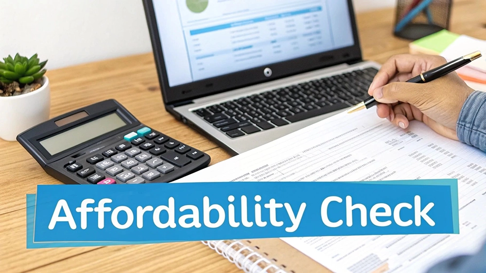 A person doing an affordability check, writing on a document with a calculator and laptop on a wooden desk.