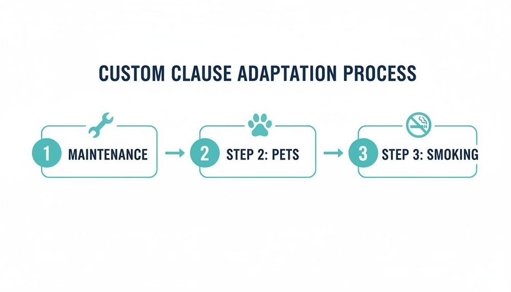A three-step flowchart illustrating a custom clause adaptation process for maintenance, pets, and smoking rules.