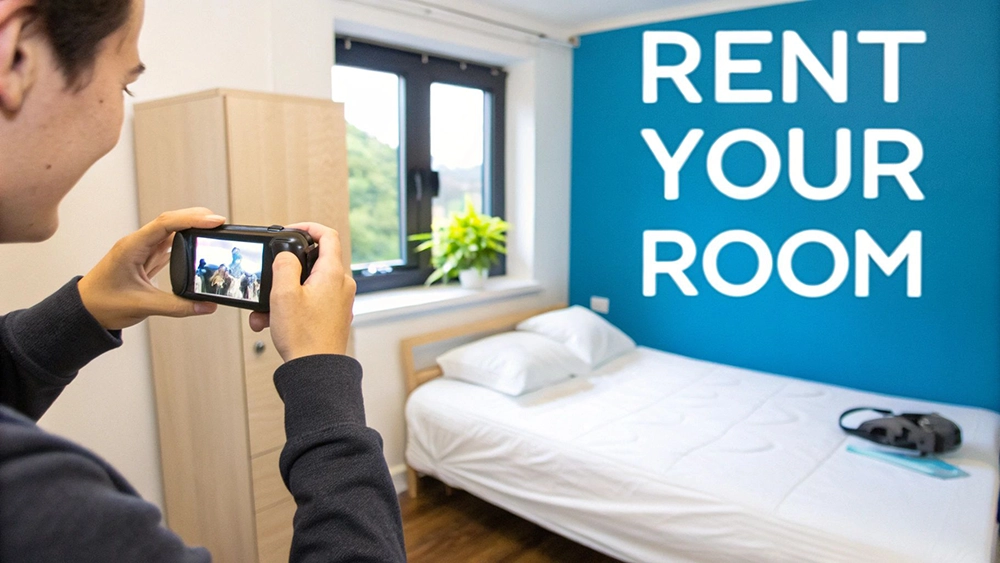 A welcoming spare room in a Cardiff home, neatly decorated with a made bed and good lighting.
