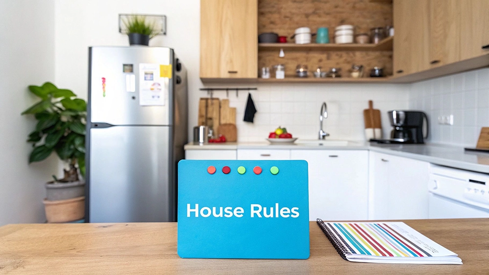 House rules sign on wooden table in modern shared apartment kitchen with notebooks