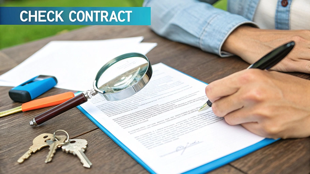 Person's hands signing a document with a pen, a magnifying glass, and keys on a wooden table, emphasizing contract review.