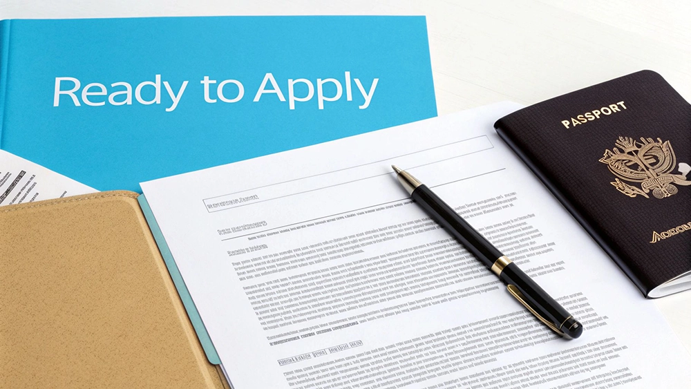 A blue binder says 'Ready to Apply' next to an application form, a pen, and a passport on a white table.