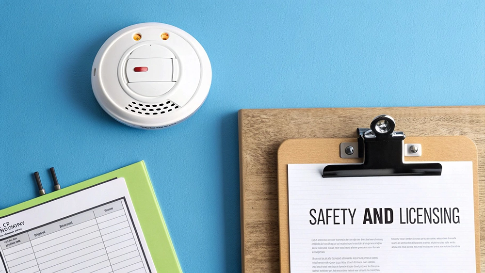 A landlord inspecting a smoke alarm, representing safety and compliance duties.