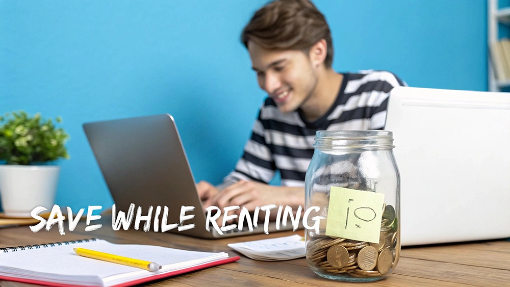 Young man saving money in a jar while working on a laptop, with 'SAVE WHILE RENTING' text.