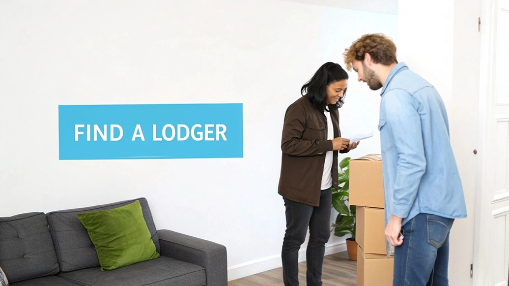 A person signing a lodger agreement document at a wooden table with a set of keys beside them.