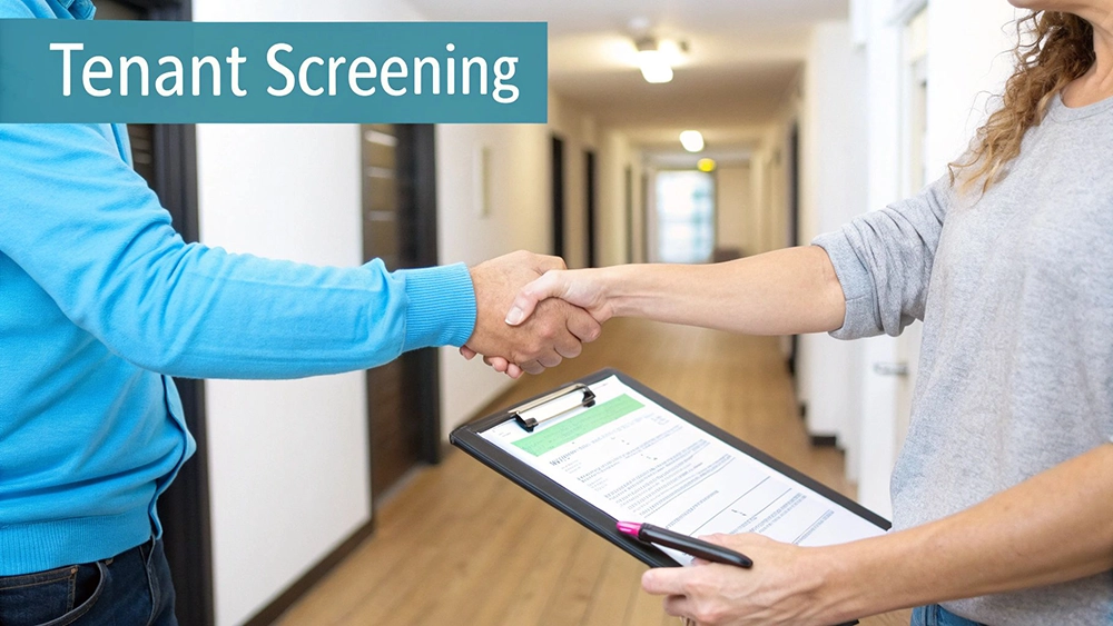 Professional handshake between two individuals in a hallway, symbolizing tenant screening process.