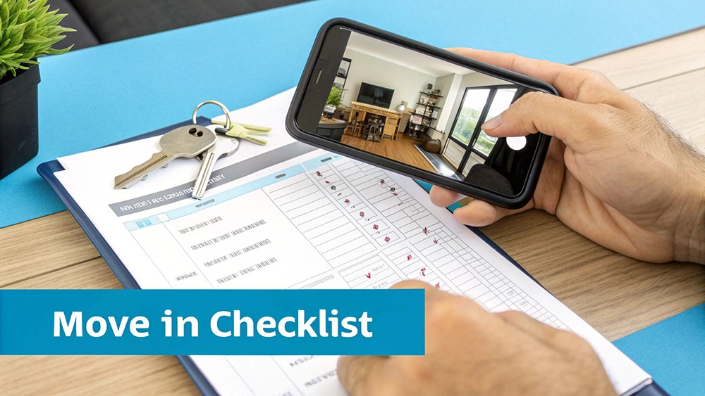 Person holding smartphone showing property interior photo above move in checklist and keys