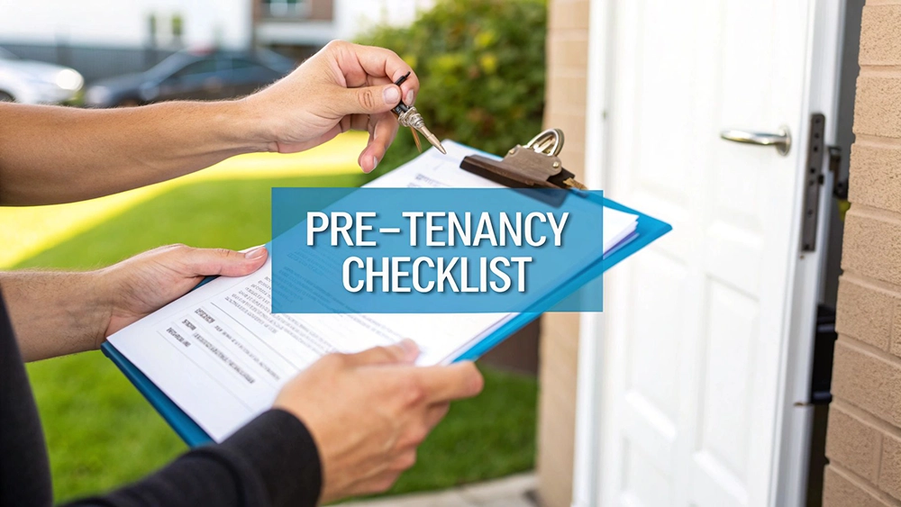 A person holding a pre-tenancy checklist on a clipboard and house keys, inspecting a property.