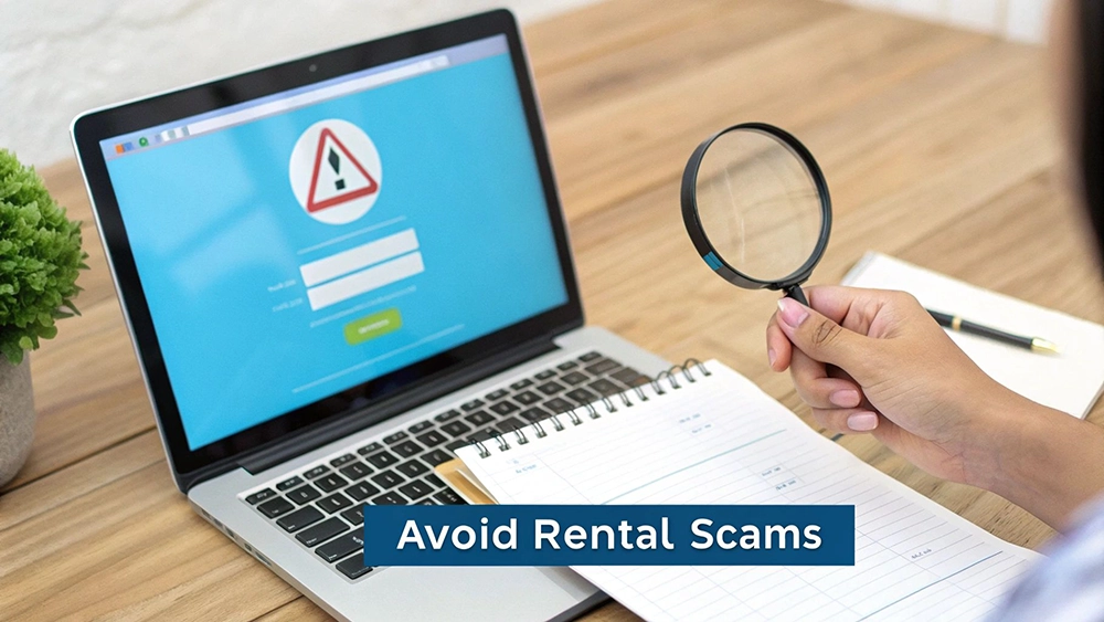 A viewing checklist with three steps: inspect (magnifying glass), ask (speech bubble), and trust (handshake).