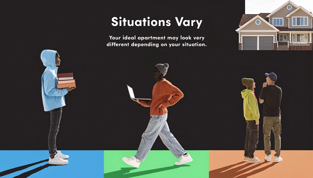 A collage showing three diverse groups of people considering different types of housing and lifestyle situations.