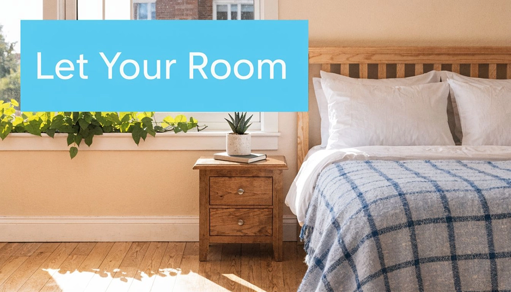 A cozy bedroom with a wooden bed, patterned blanket, bedside table, and a green plant by window.