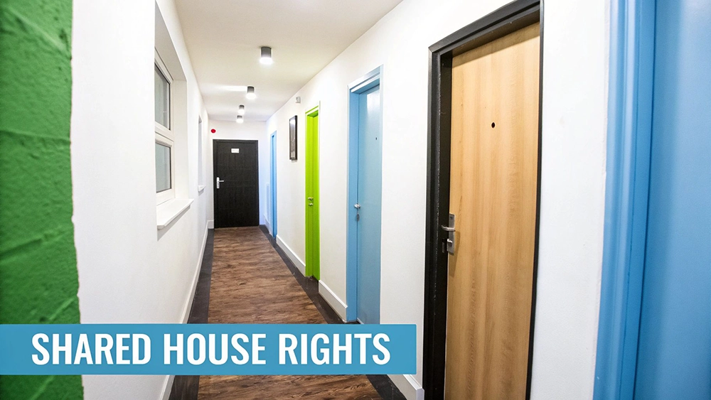 Long hallway in a shared house with a window and multiple colorful doors, including black, green, and blue.