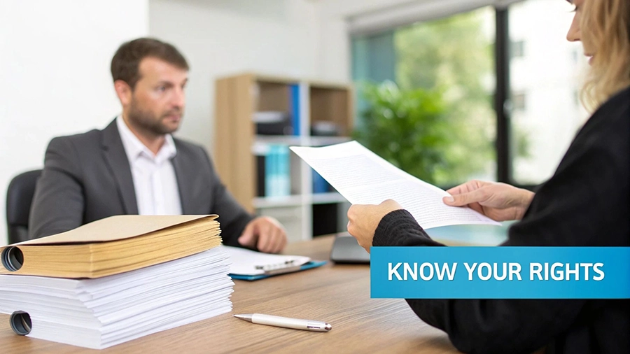 A person confidently reviewing a rental agreement document with a pen in hand.