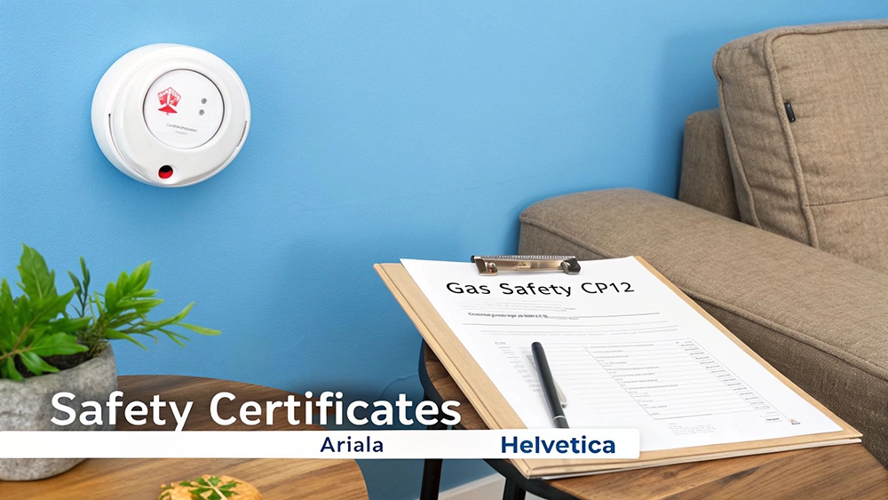 A gas safety certificate on a clipboard with a pen, next to a smoke detector on a blue wall.