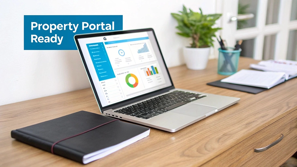 A laptop displaying a property portal dashboard on a wooden desk with a notebook and office supplies.