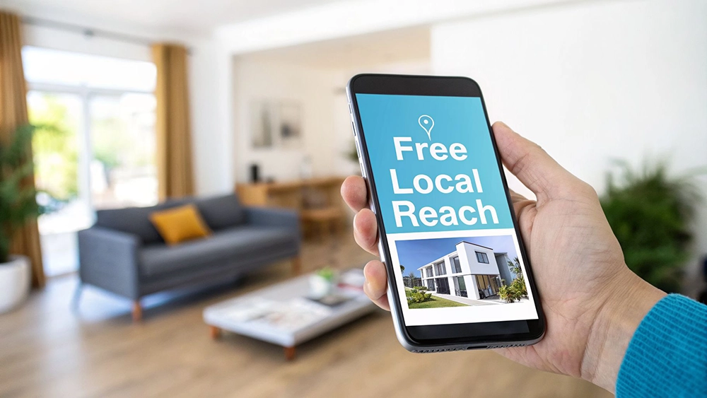 A hand holds a smartphone displaying "Free Local Reach" advertising a modern house, with a blurred living room in the background.