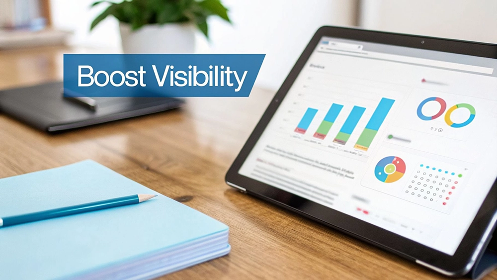A tablet displays colourful charts and graphs on a wooden desk with a 'Boost Visibility' banner.