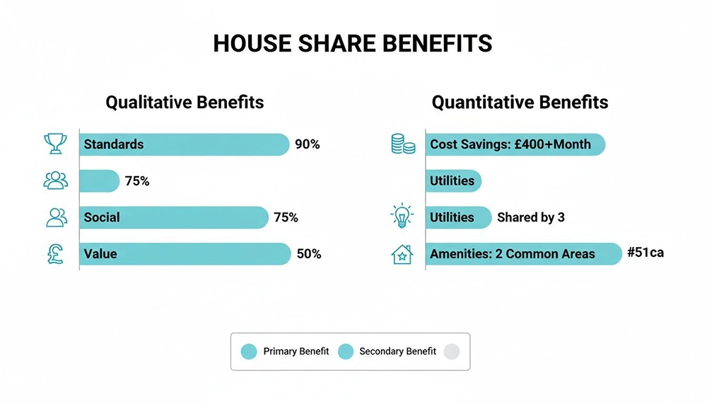 Infographic presenting qualitative and quantitative benefits of house sharing, including cost savings and social factors.