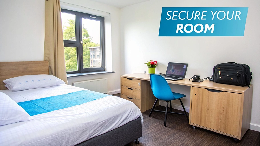 A bright modern student room with a bed, desk, laptop, blue chair, and window view.