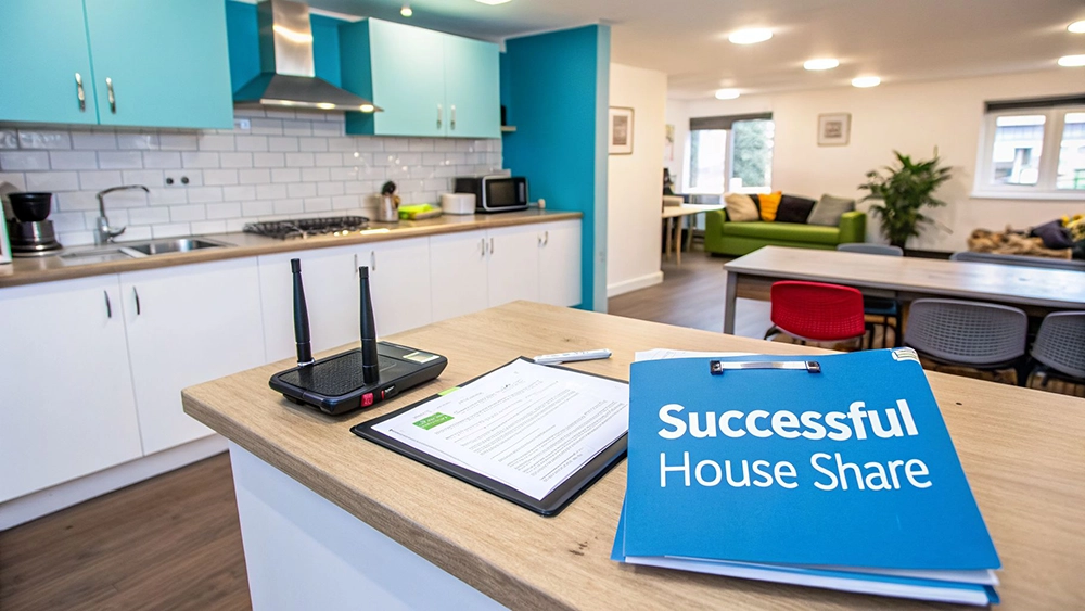 Modern open-plan kitchen and living room in a shared house, with a 'Successful House Share' folder.