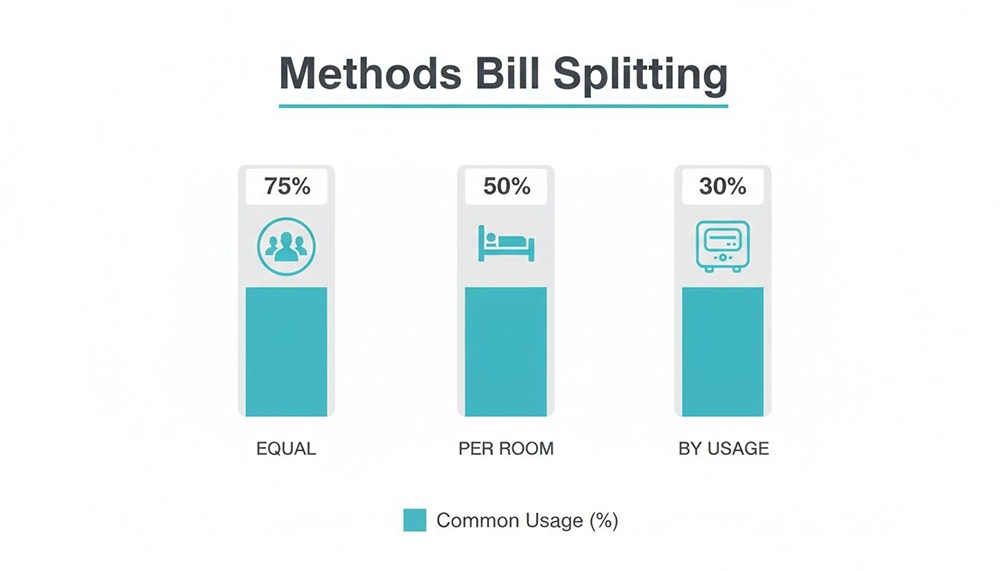 Bar chart illustrating common usage percentages for bill splitting methods: Equal (75%), Per Room (50%), and By Usage (30%).