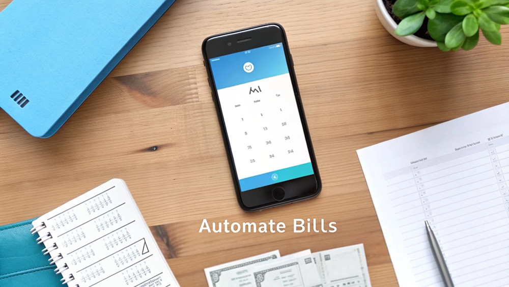 A flat lay desk with a smartphone showing a billing app, notebooks, cash, and documents for bill automation.