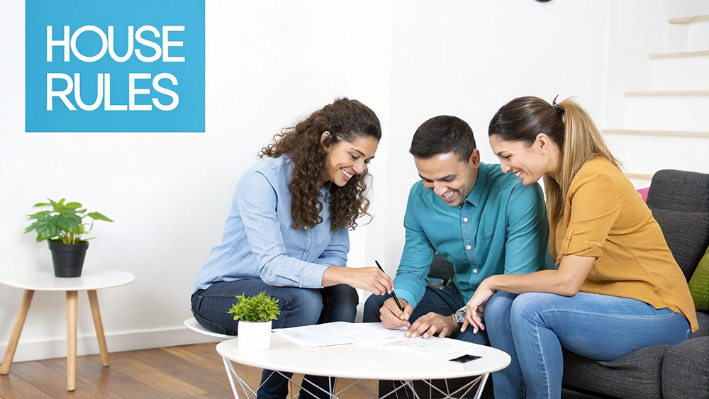 Three happy people, two women and one man, signing documents at a coffee table with a 'HOUSE RULES' sign.