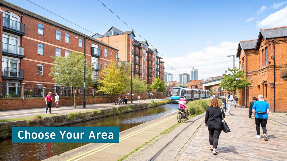 People walk and cycle along a canal in an urban area with modern brick buildings and a tram.