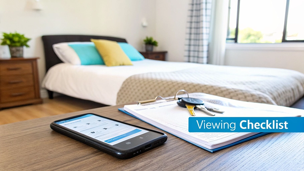 A viewing checklist, smartphone, and keys on a table in a bright, modern bedroom.