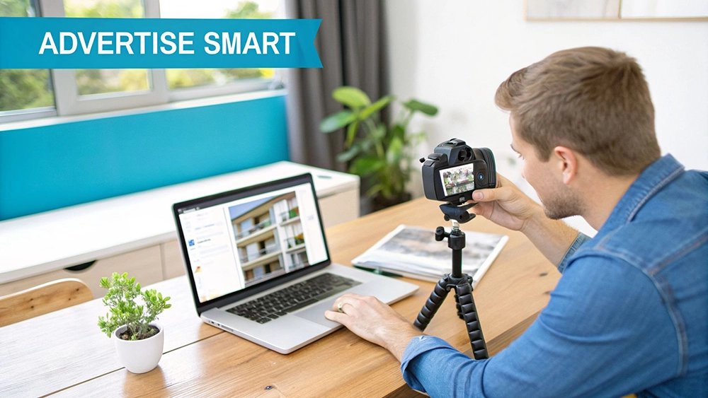 A man takes a picture with a camera on a tripod next to a laptop displaying buildings, with an "ADVERTISE SMART" banner.